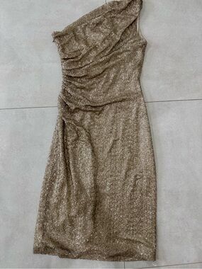 Ralph Lauren One-Shoulder Sequin Dress in Champagne Gold